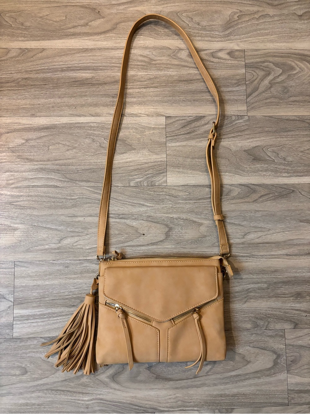 Tan Crossbody Leather Shoulder Bag with Tassel